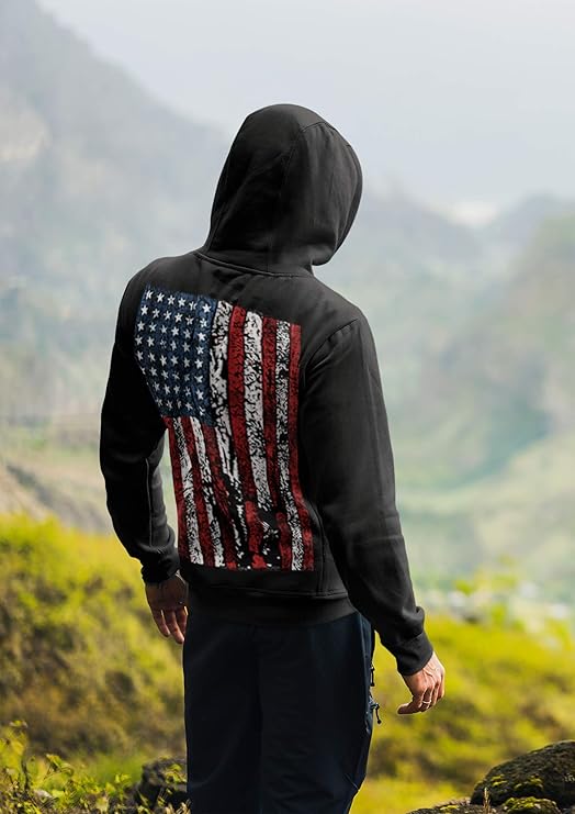 Lucky Ride American Flag Mens Hooded Sweatshirt United States USA Tattered Flag Hoodie