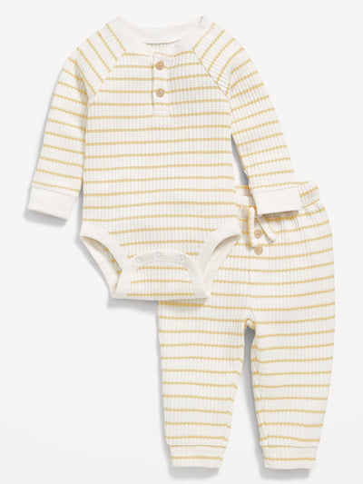 Long-Sleeve Thermal-Knit Henley Bodysuit and Pants Set for Baby