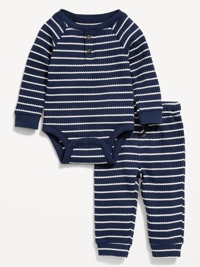 Long-Sleeve Thermal-Knit Henley Bodysuit and Pants Set for Baby