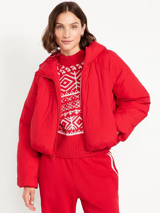 Water-Resistant Bubble-Hem Hooded Puffer Jacket